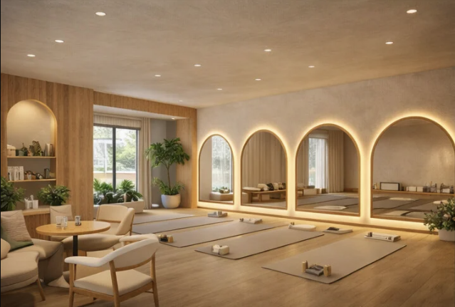 Salle lumineuse avec miroirs en arche et coin salon