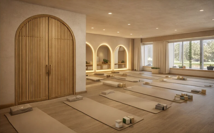 Salle de yoga avec grande porte cintrée en bois et tapis alignés