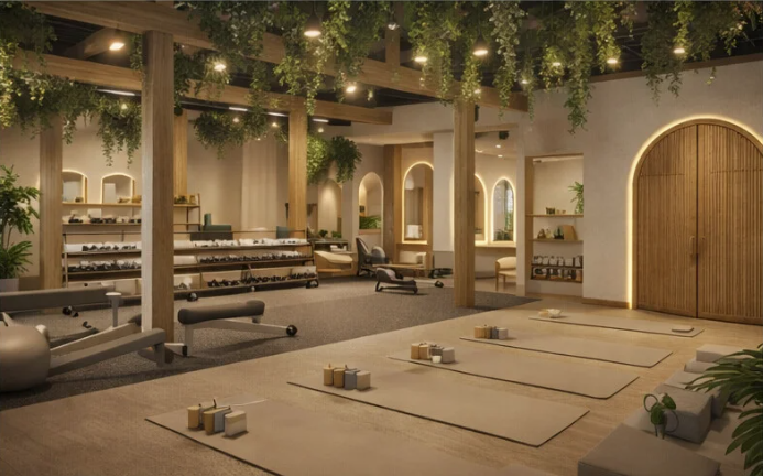Espace gym du Studio Uma avec poutres de bois, plantes suspendues et équipements