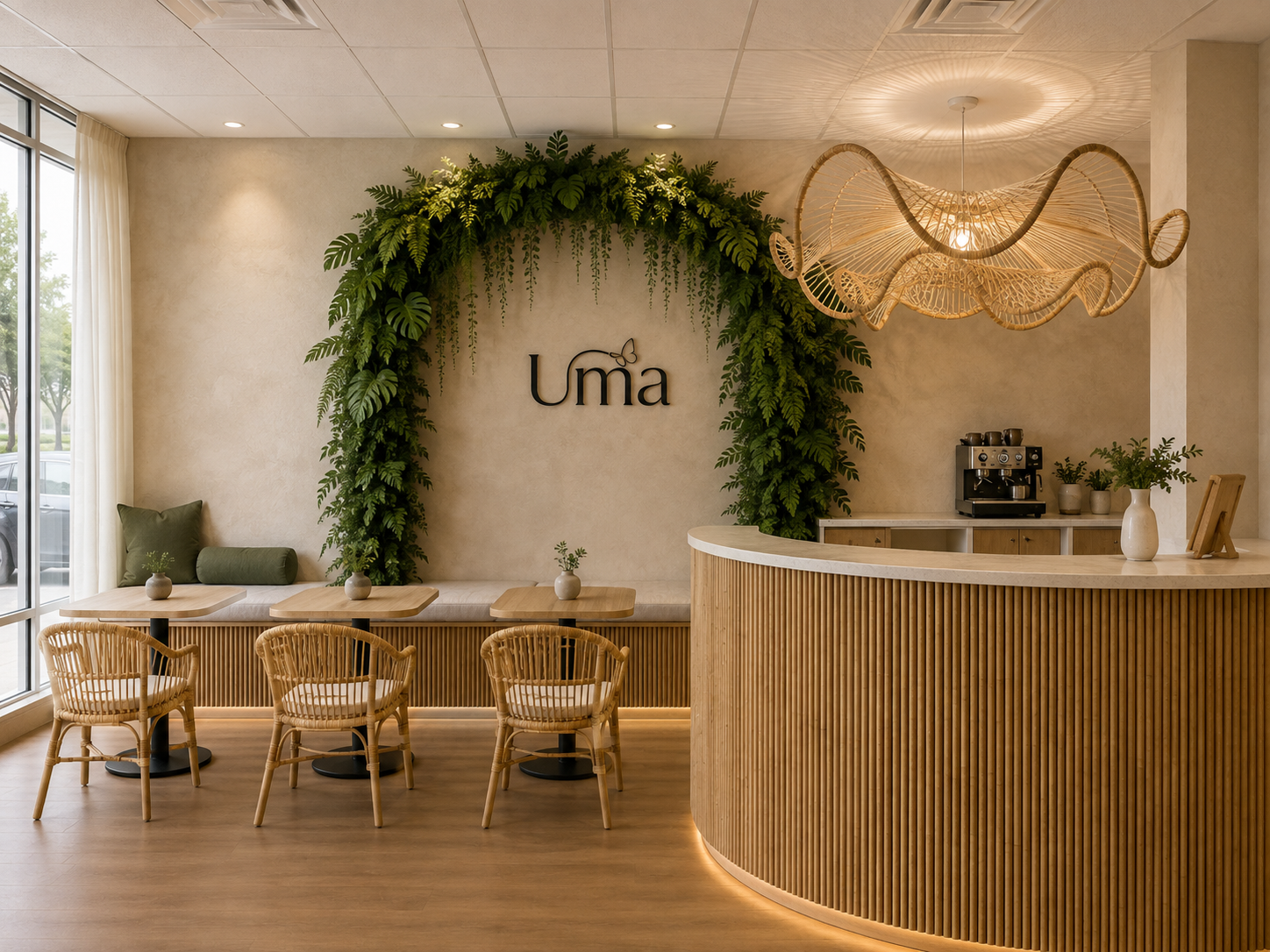Accueil du Studio Uma : mur végétal, comptoir en bois cannelé et coin café