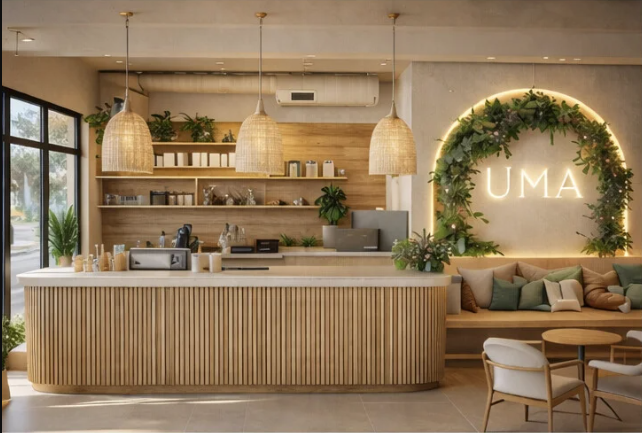 Comptoir d'accueil du Studio Uma avec arche florale lumineuse et coin café